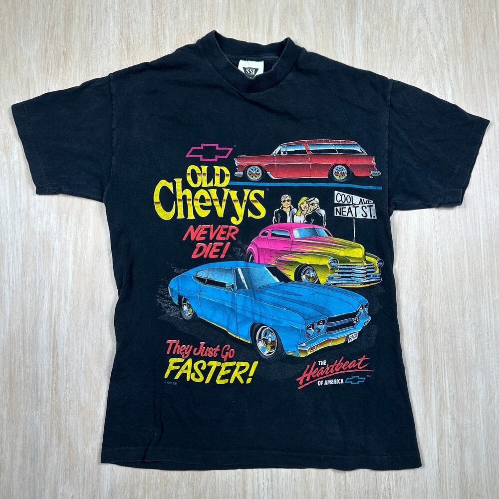 Vintage 1991 Old Chevys Graphic Tee Black Single Stitch Muscle Car T-Shirt USA S